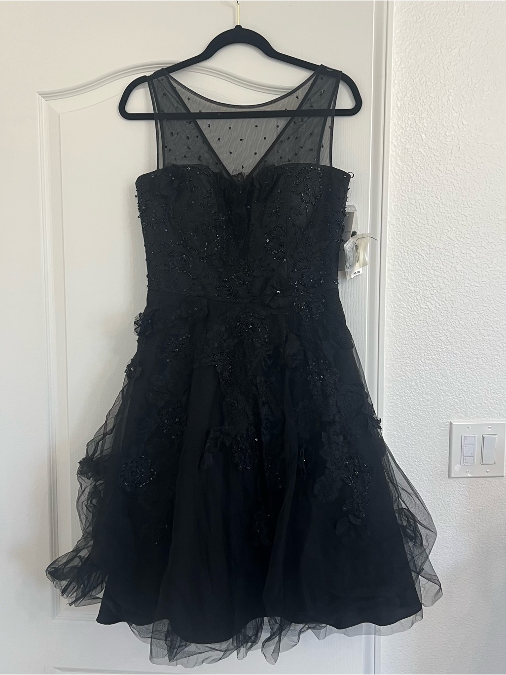 Teri Jon Black Beaded Tulle Fit-And-Flare Dress